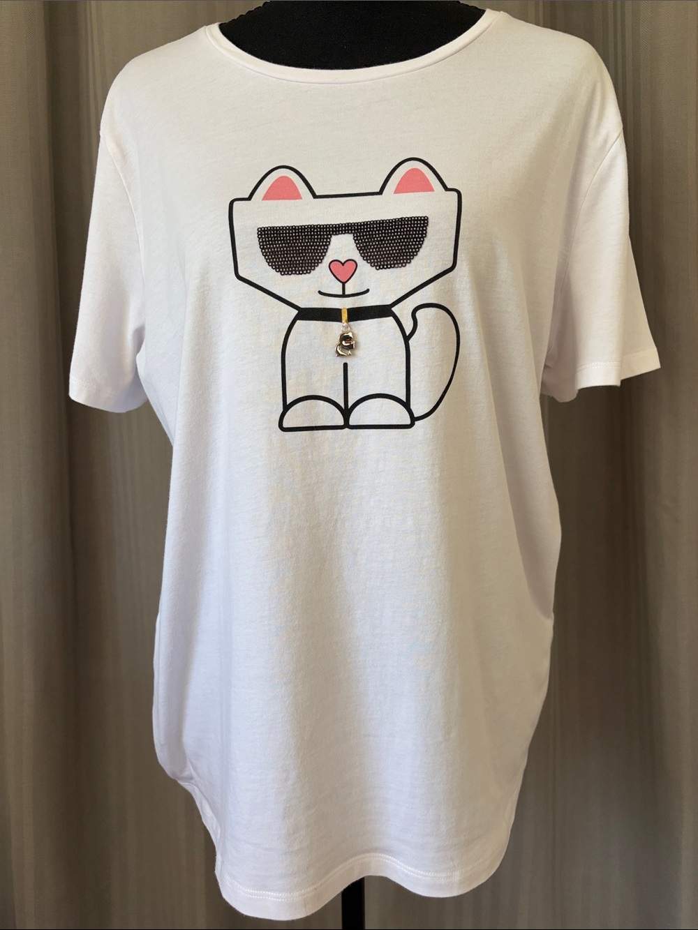 Karl Lagerfeld White Cat Graphic Tee with Pink Accents